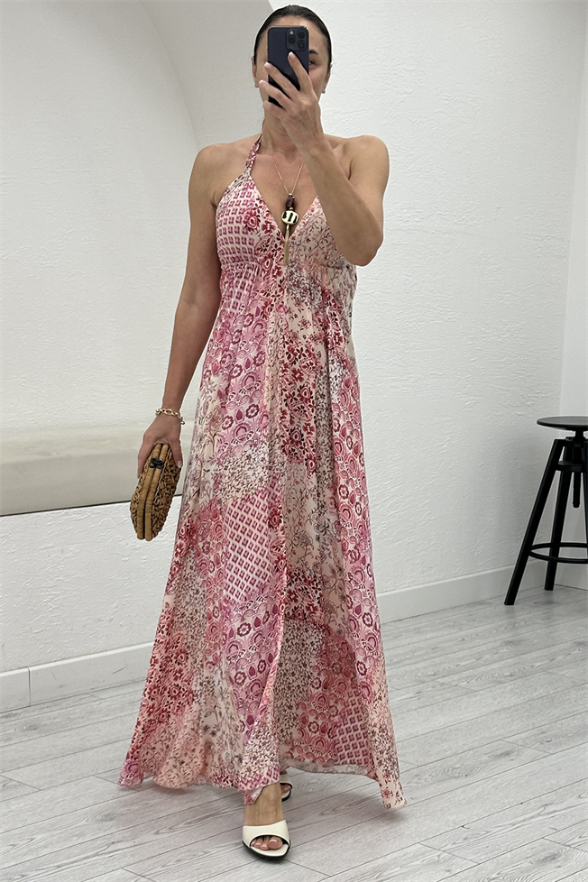 Pembe V Yaka Desenli Elbise 05219