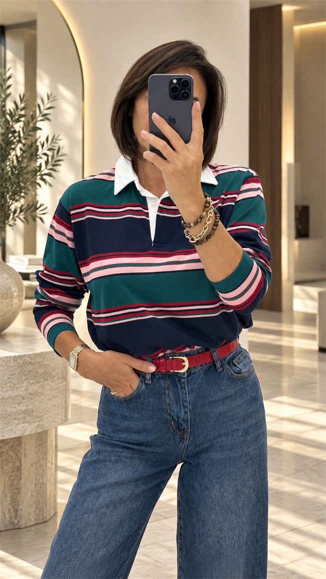 Renkli Polo Yaka Çizgili Sweatshirt 261004