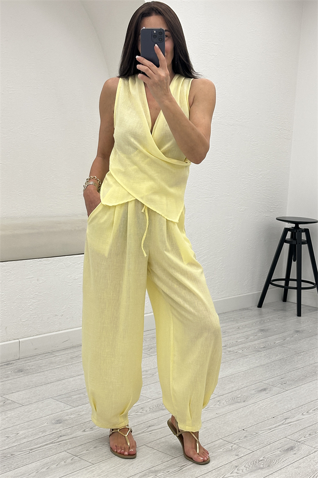 Sarı Keten Bluz Pantolon Takım 7365