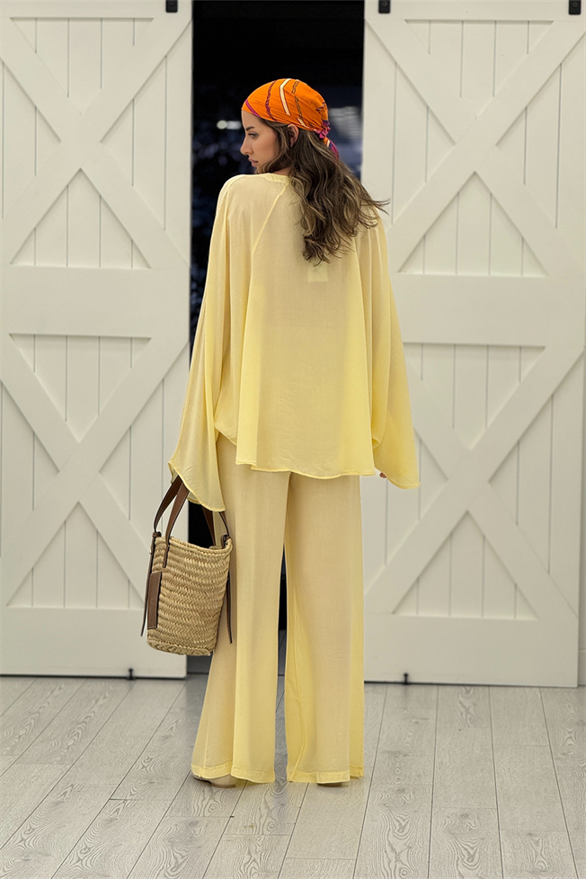 Sarı Oversize Yarasa Kol Gömlek Pantolon Takım 1008