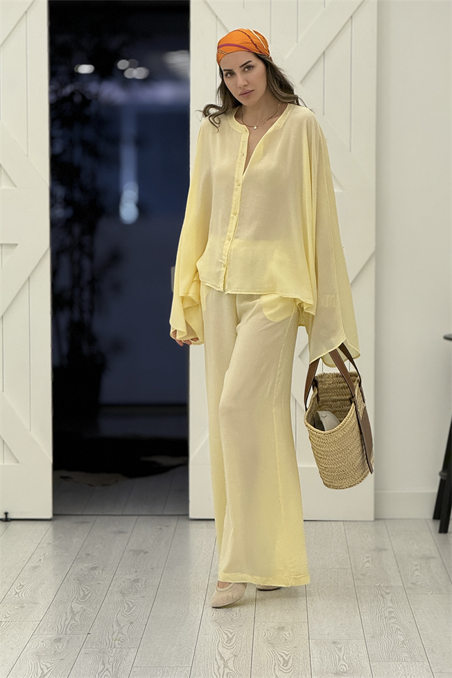 Sarı Oversize Yarasa Kol Gömlek Pantolon Takım 1008