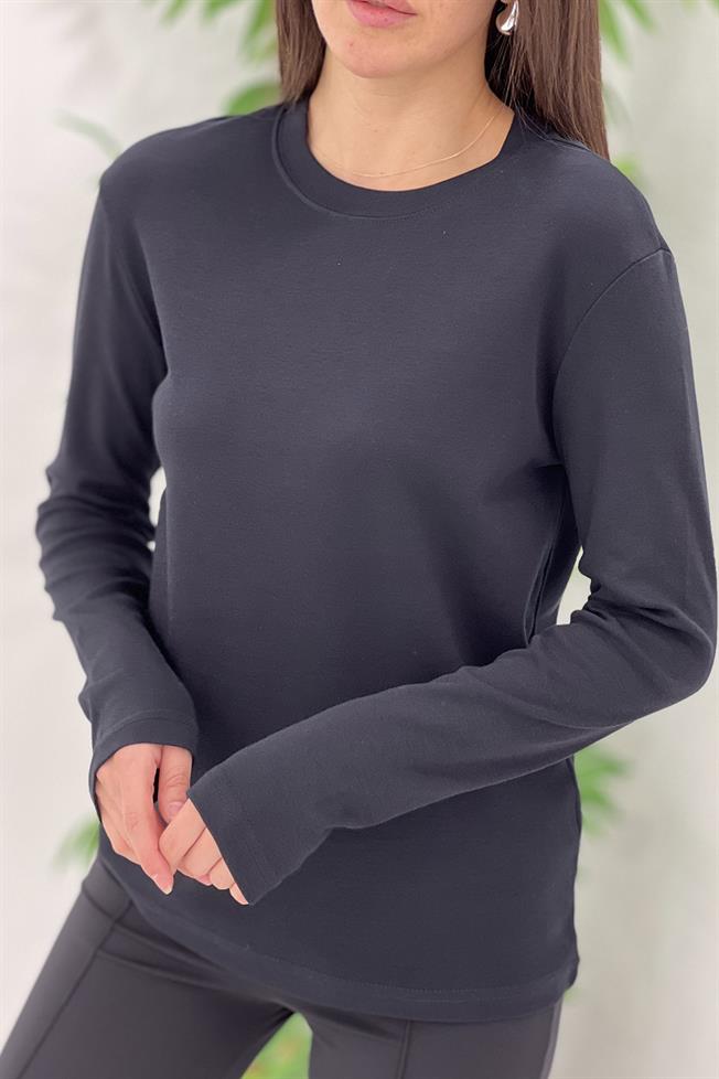 Siyah Bisiklet Yaka Uzun Kollu Kollu Tshirt 1403