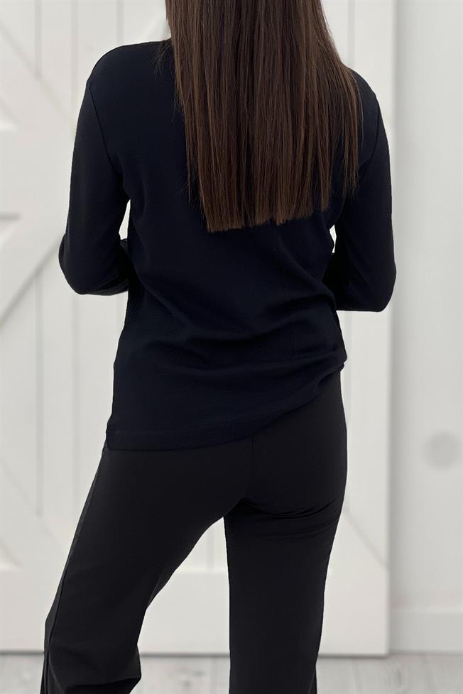 Siyah Bisiklet Yaka Uzun Kollu Kollu Tshirt 1403