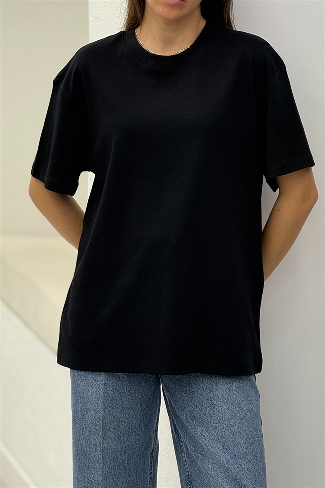 Siyah Bisiklet Yaka Oversize Tshirt 3387