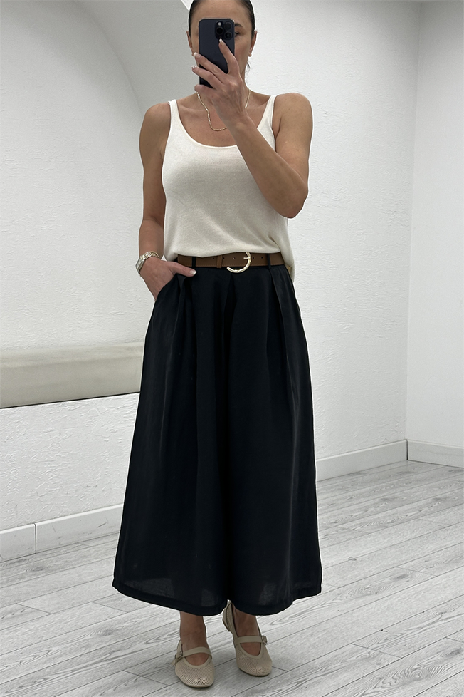 Siyah Bol Paça Kemerli Pantolon 3782