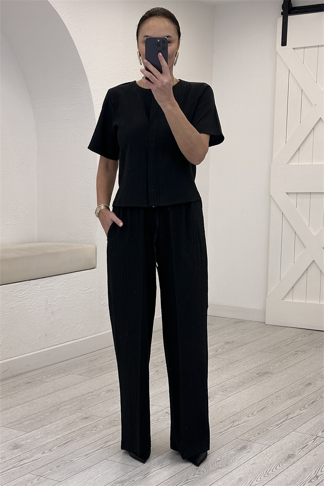 Siyah Çizgili Bluz Pantolon Takım 5088