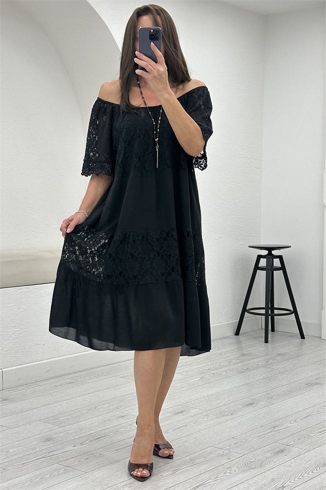 Siyah Dantelli Elbise 88937