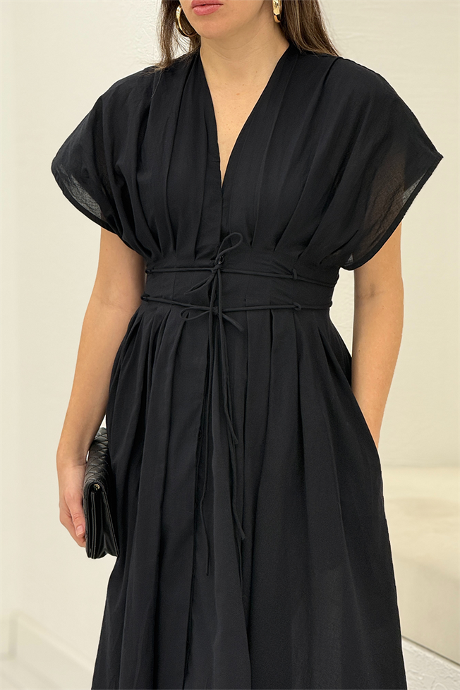 Siyah  Belden Oturtmalı Vual Elbise 3520