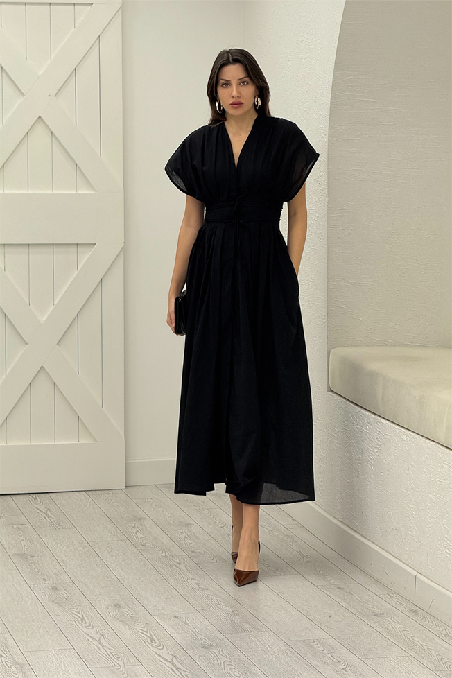 Siyah  Belden Oturtmalı Vual Elbise 3520