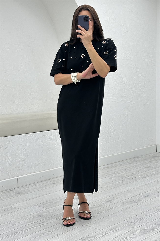 Siyah İnci Detay Elbise 3755