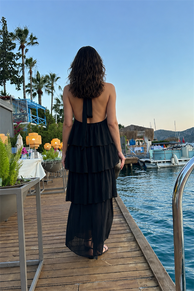 Siyah Katlı İpek Elbise 3948