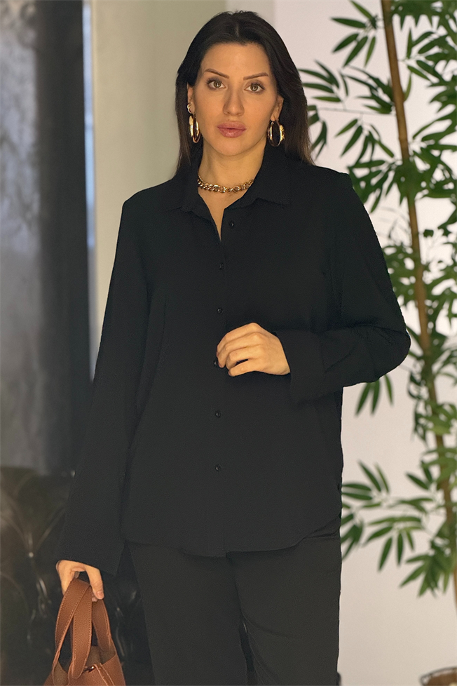 Siyah Dökümlü Krep Gömlek 3532