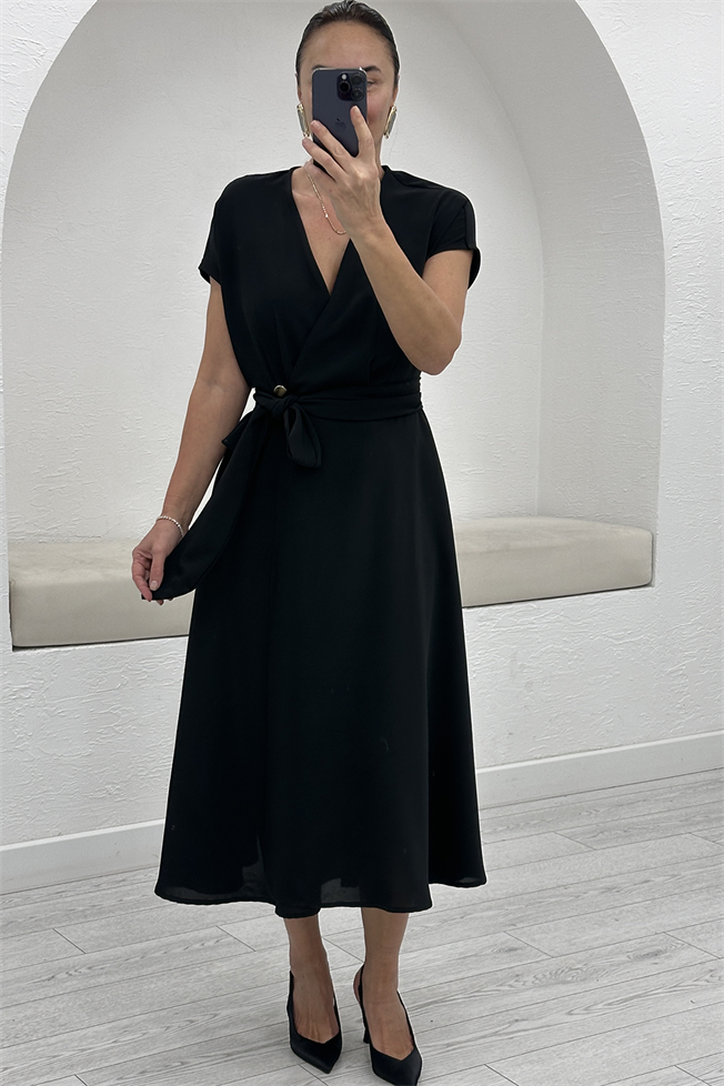 Siyah Kuşaklı Kruvaze Elbise 3604