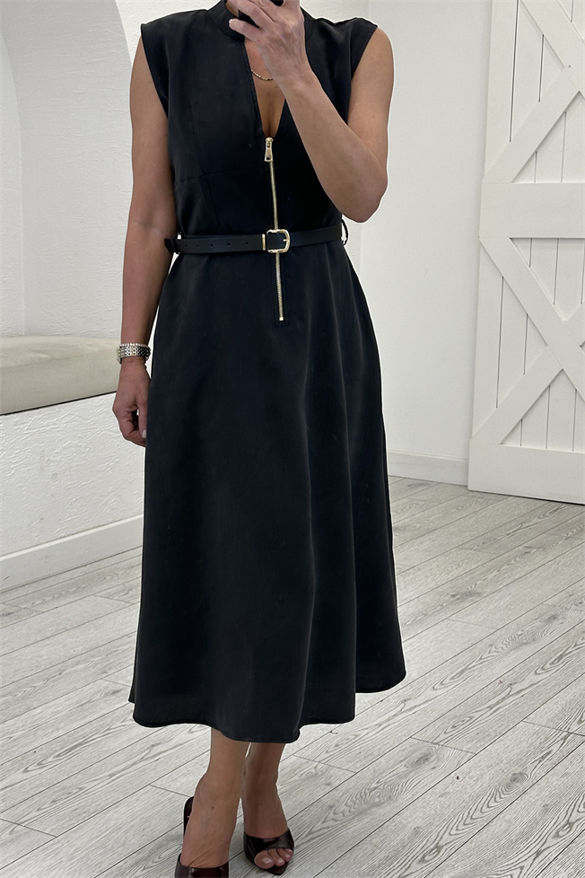 Siyah Önü Fermuarlı Tensel Elbise 3625