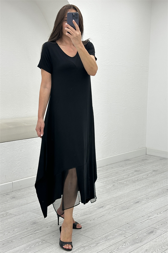 Siyah Oversize File Detay Elbise 3867