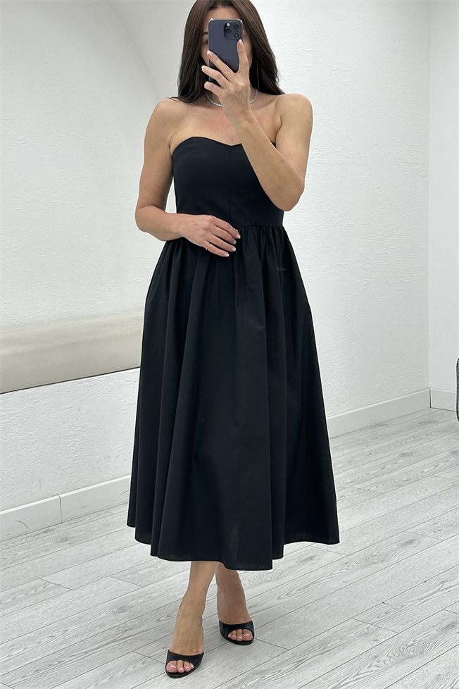 Siyah Straplez Poplin Elbise 3906