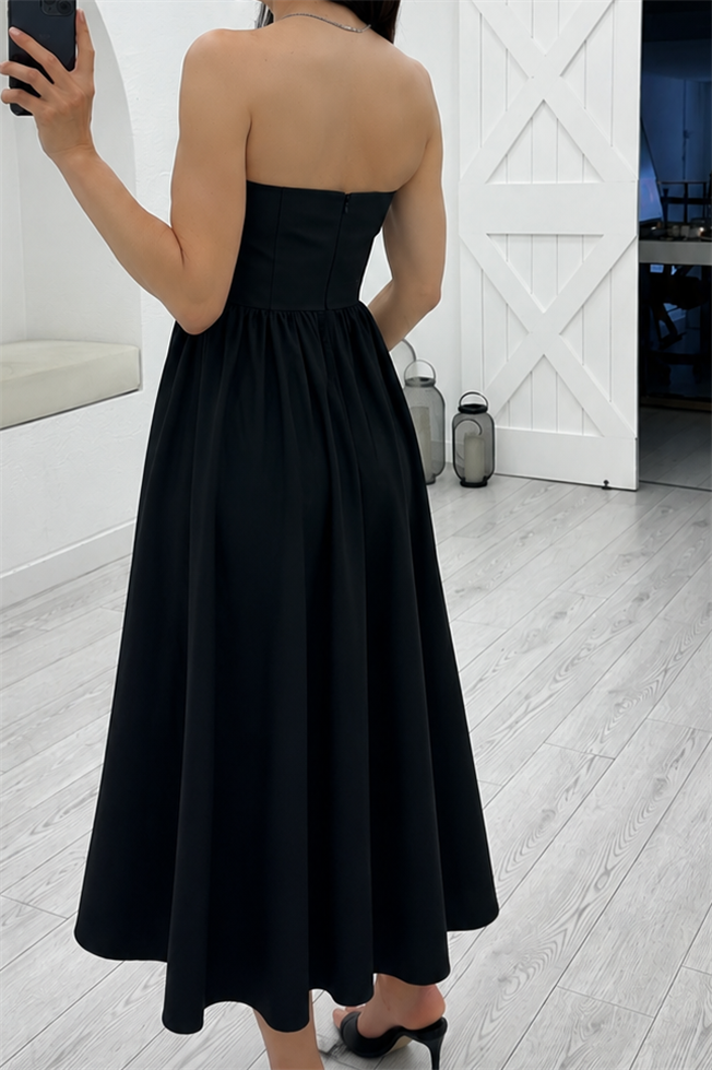 Siyah Straplez Poplin Elbise 3906