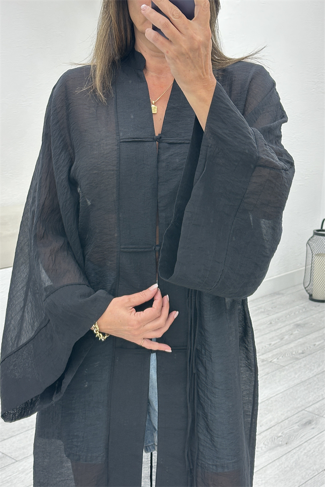 Siyah  Süslü Düğmeli Kimono 3467
