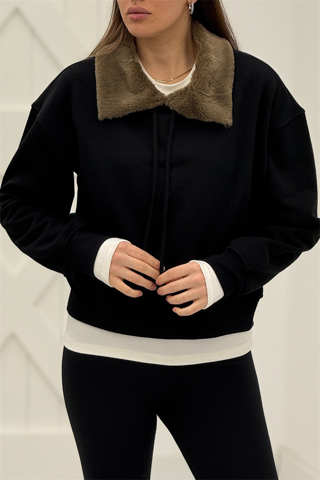 Siyah Yakası Peluş Detay Sweatshirt 17403