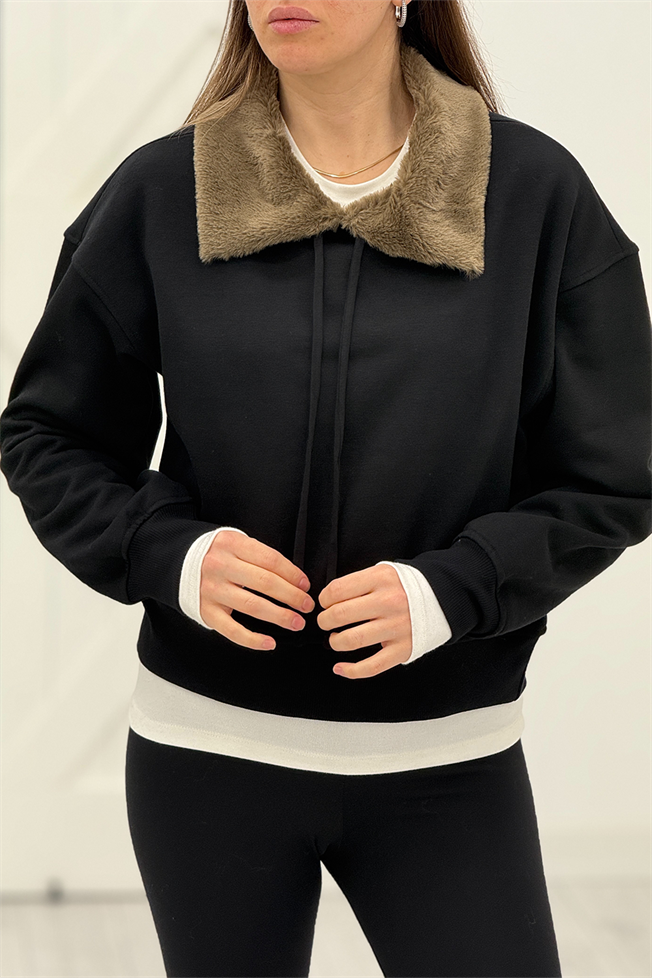 Siyah Yakası Peluş Detay Sweatshirt 17403