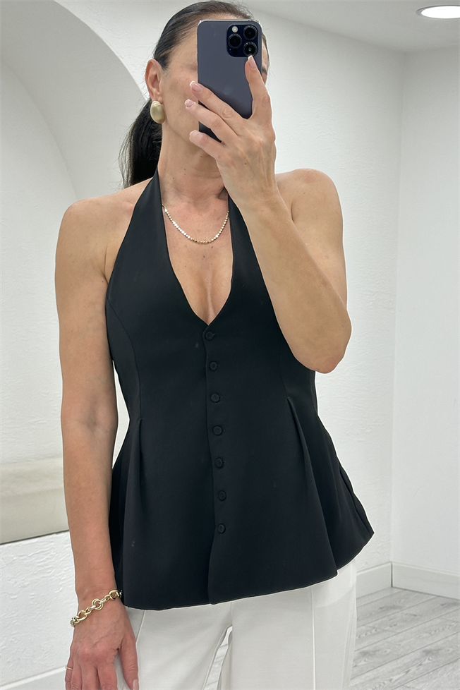 Siyah Halter Yaka Peplum Yelek 17612