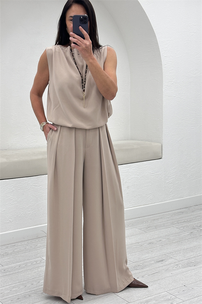 Taş Büzgü Detaylı Bluz Pantolon Takım 0011