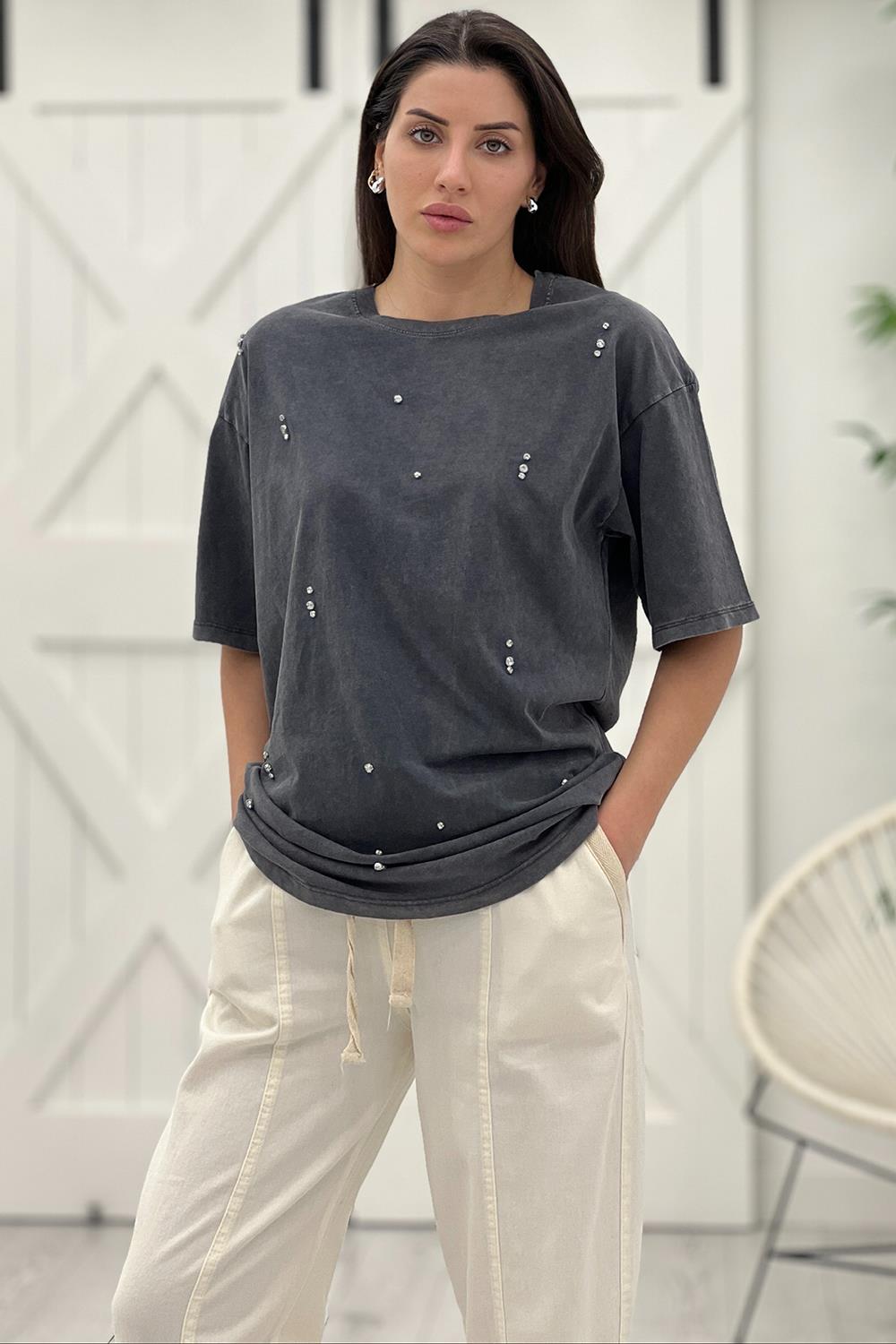 Pepicino ACT Antrasit Yıkamalı Taşlı Tshirt 3828