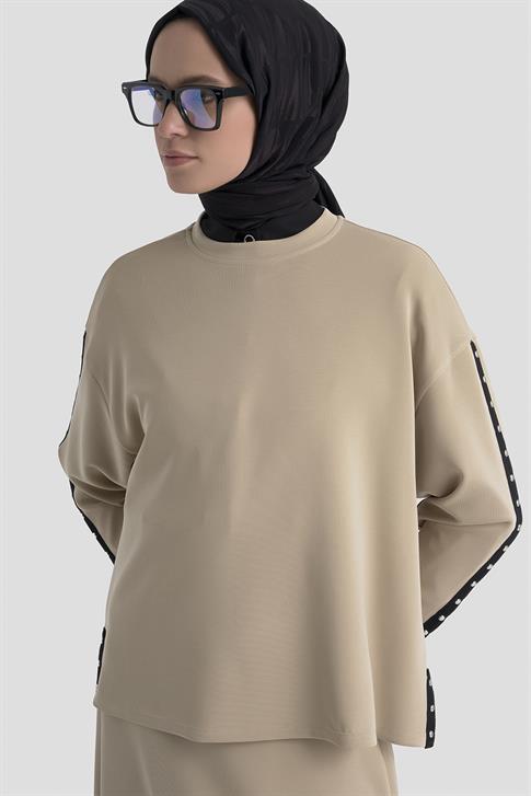 Şeritli Örme Takım Bej