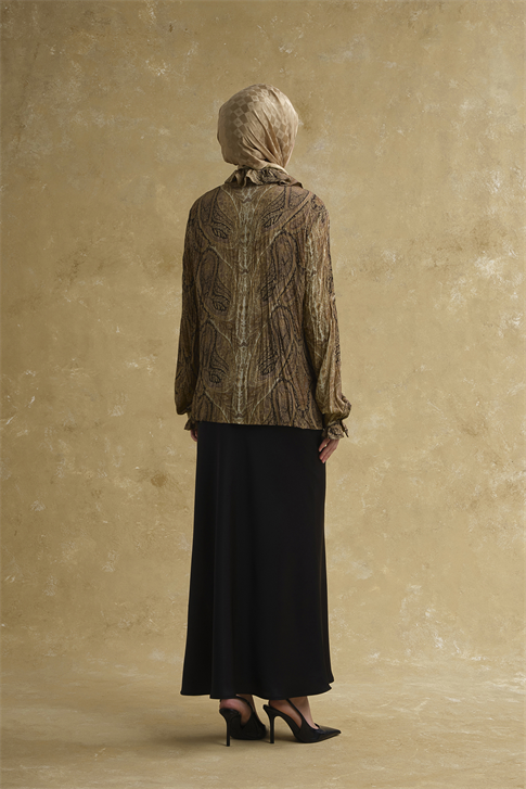 Şal Desenli Fırfırlı Bluz Camel
