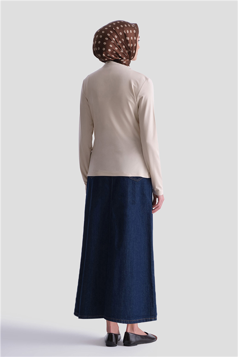 Degaje Yaka Örme Rayon Bluz Bej