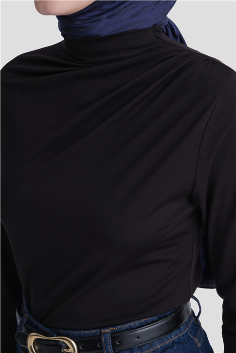 Degaje Yaka Örme Rayon Bluz Siyah