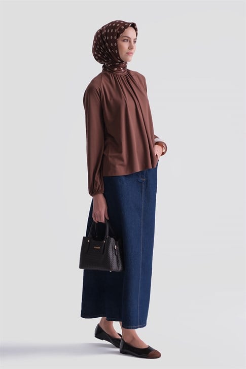 Yakası Büzgülü Rayon Bluz Kakao