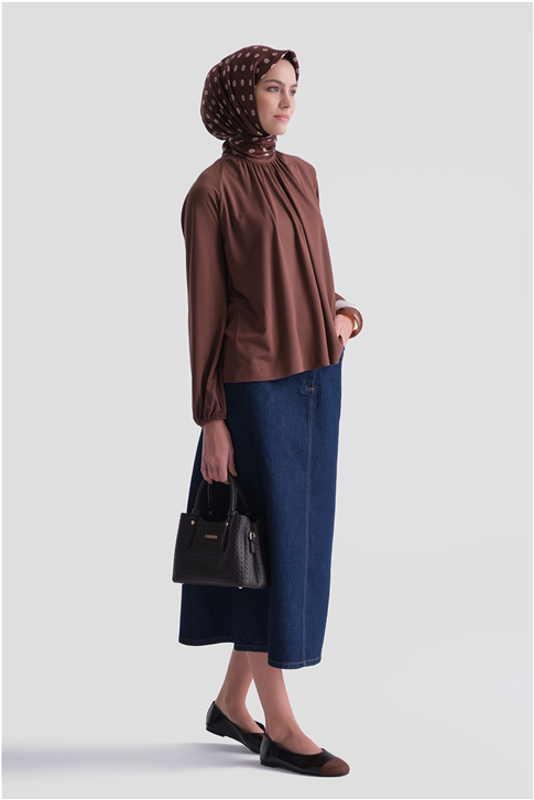 Yakası Büzgülü Rayon Bluz Kakao