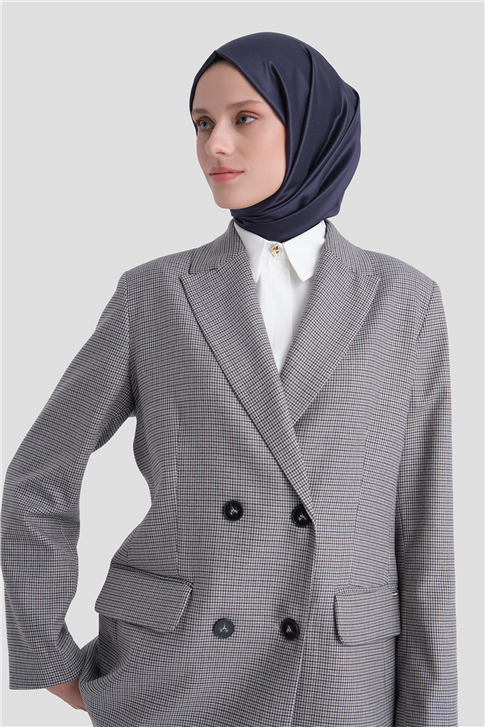 Pullu Ekose Desen Blazer Ceket Gri