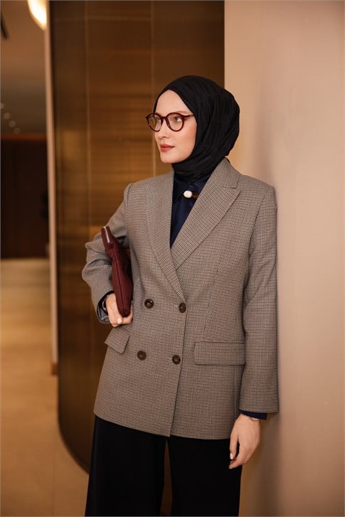 Pullu Ekose Desen Blazer Ceket Gri