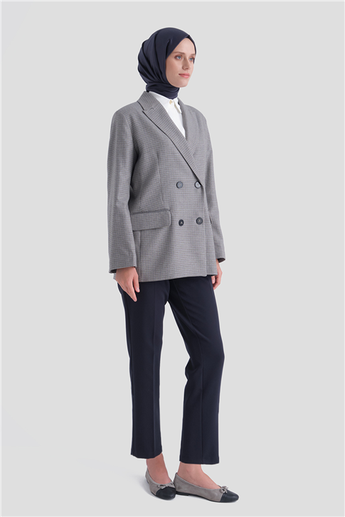 Pullu Ekose Desen Blazer Ceket Gri