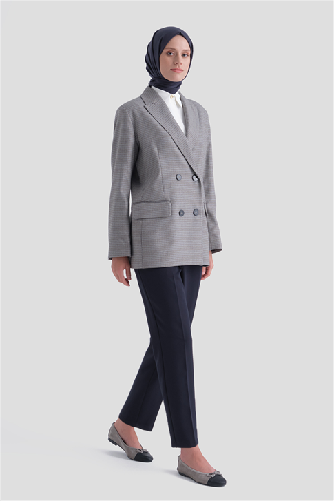 Pullu Ekose Desen Blazer Ceket Gri