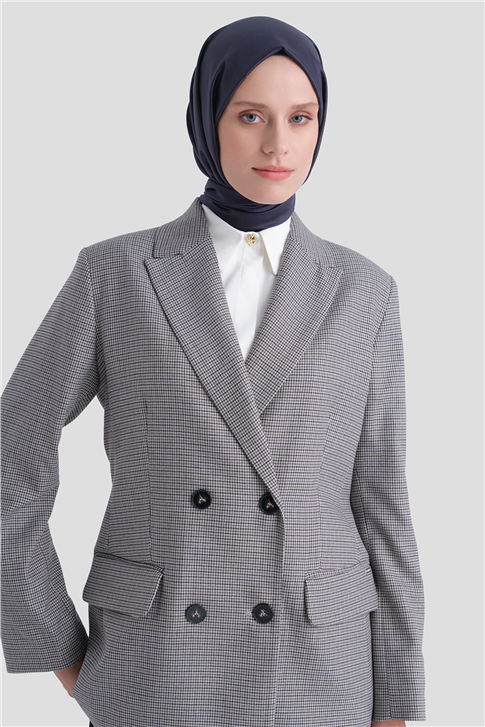 Pullu Ekose Desen Blazer Ceket Gri