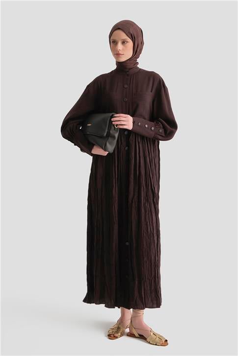 Kırışık Efektli Kupra Elbise Acı Kahve