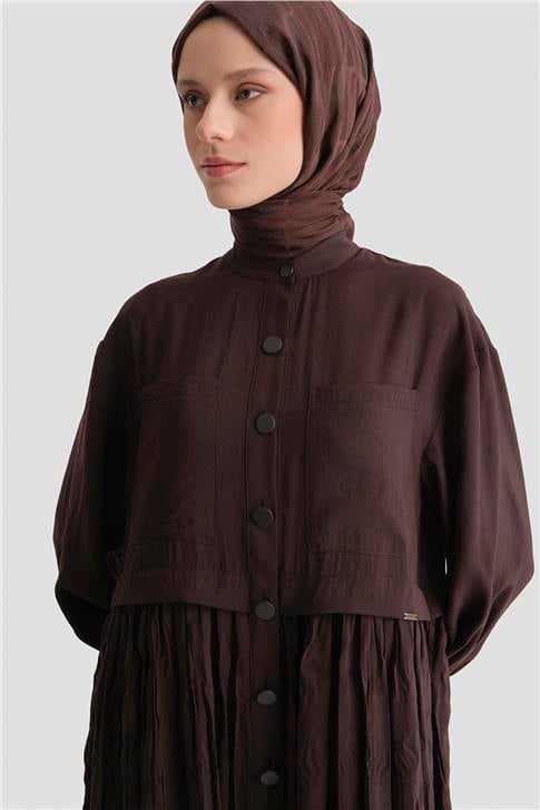 Kırışık Efektli Kupra Elbise Acı Kahve