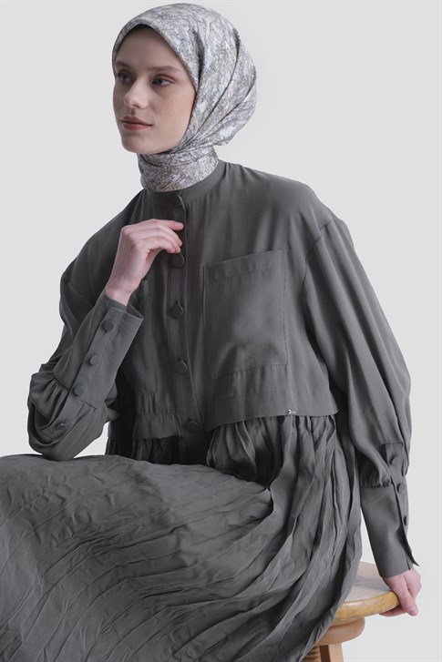 Kırışık Efektli Modal Elbise Haki