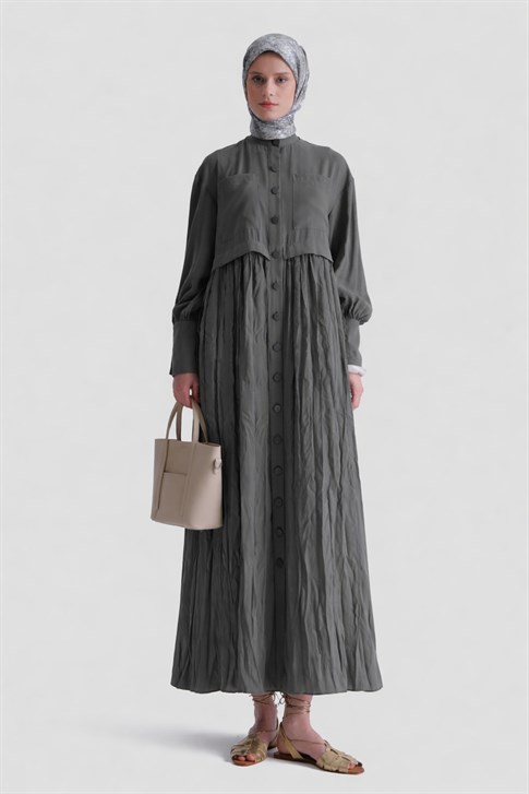 Kırışık Efektli Modal Elbise Haki