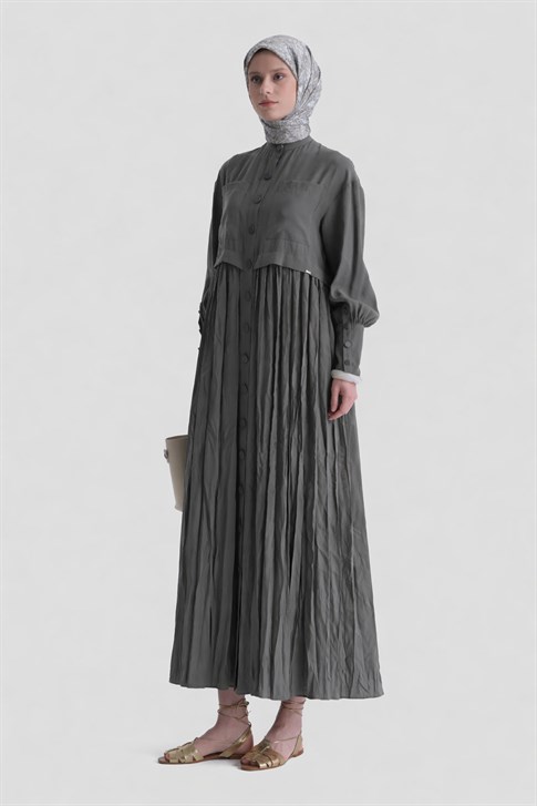 Kırışık Efektli Modal Elbise Haki