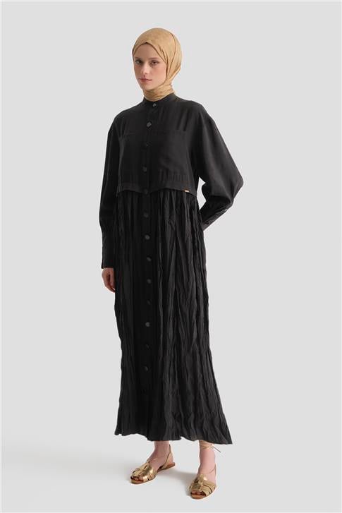 Kırışık Efektli Kupra Elbise Siyah