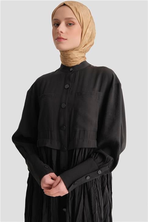 Kırışık Efektli Kupra Elbise Siyah