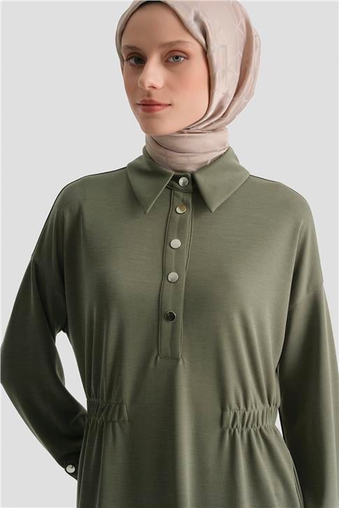 Beli Lastikli Modal Elbise Haki