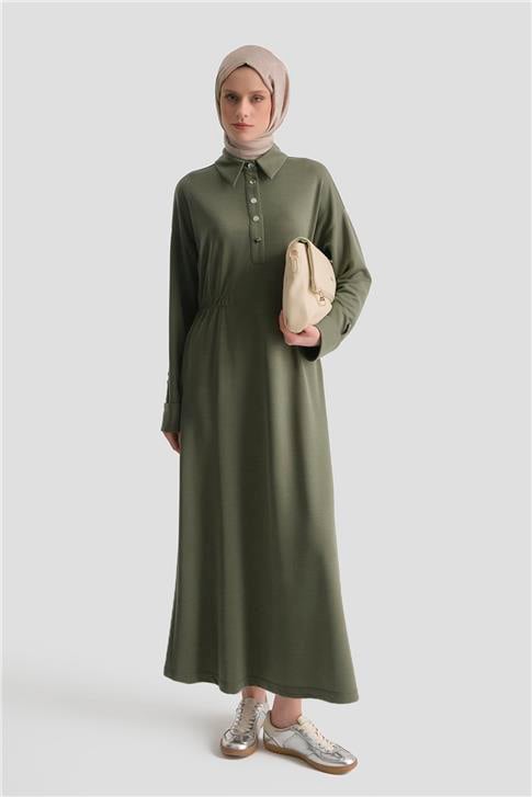 Beli Lastikli Modal Elbise Haki