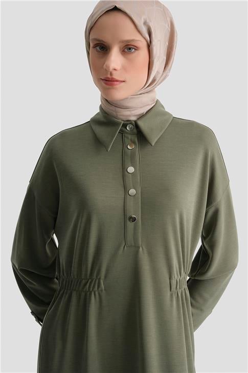 Beli Lastikli Modal Elbise Haki