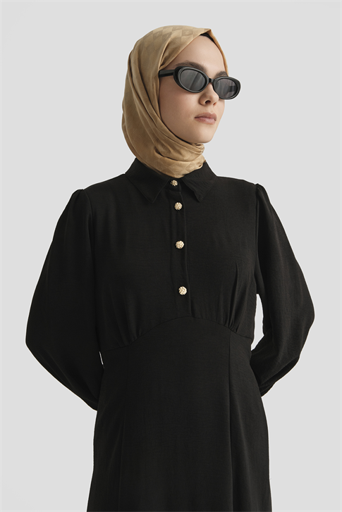 Düğme Detaylı Elbise Siyah
