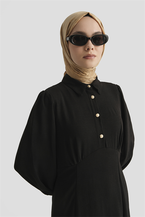 Düğme Detaylı Elbise Siyah